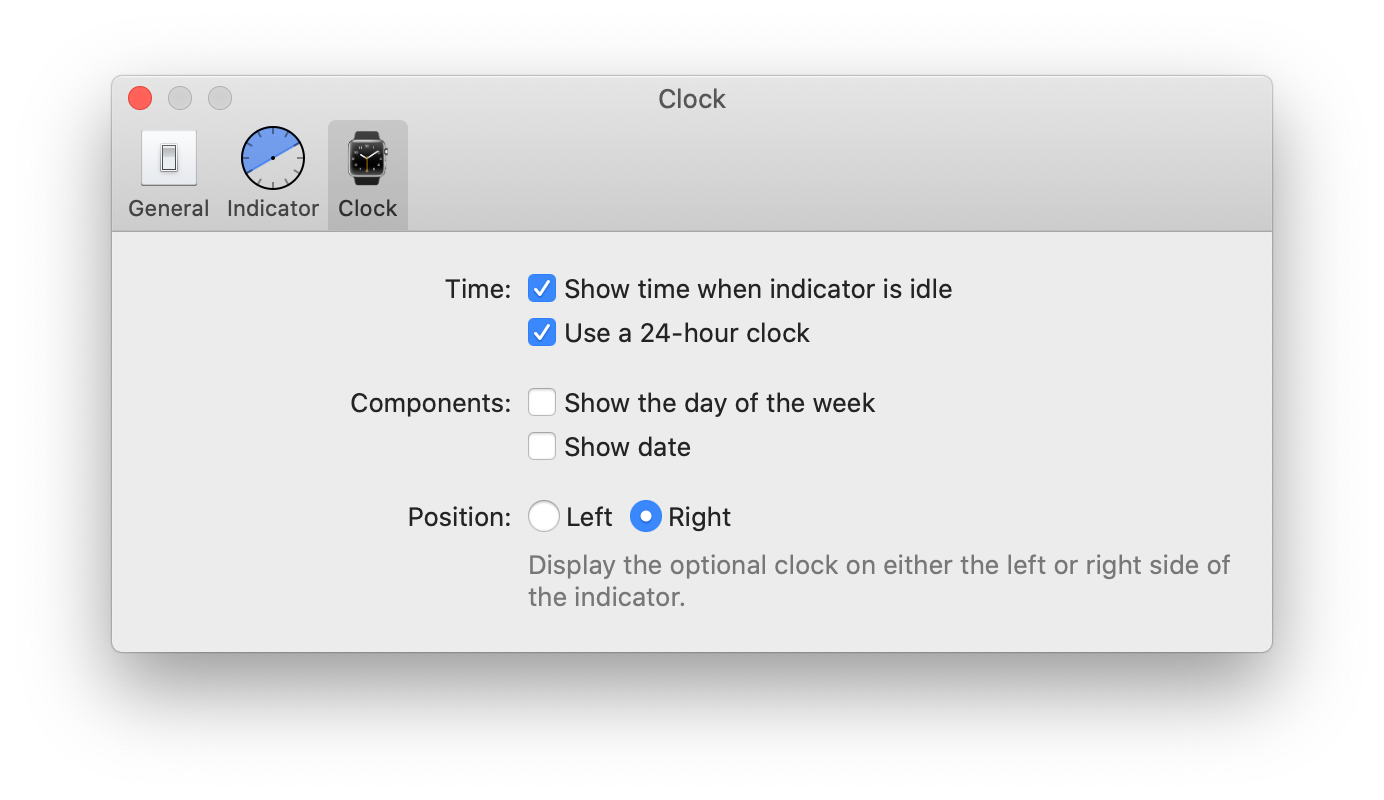 A screenshot of the optional clock's preferences window